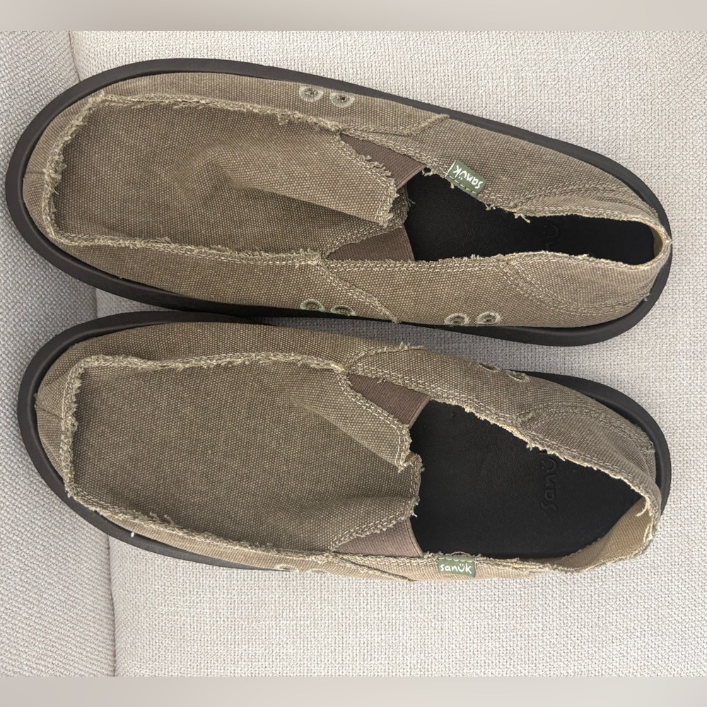 Sanuk Men's Frayed-Edge Canvas Slip-Ons in Khaki